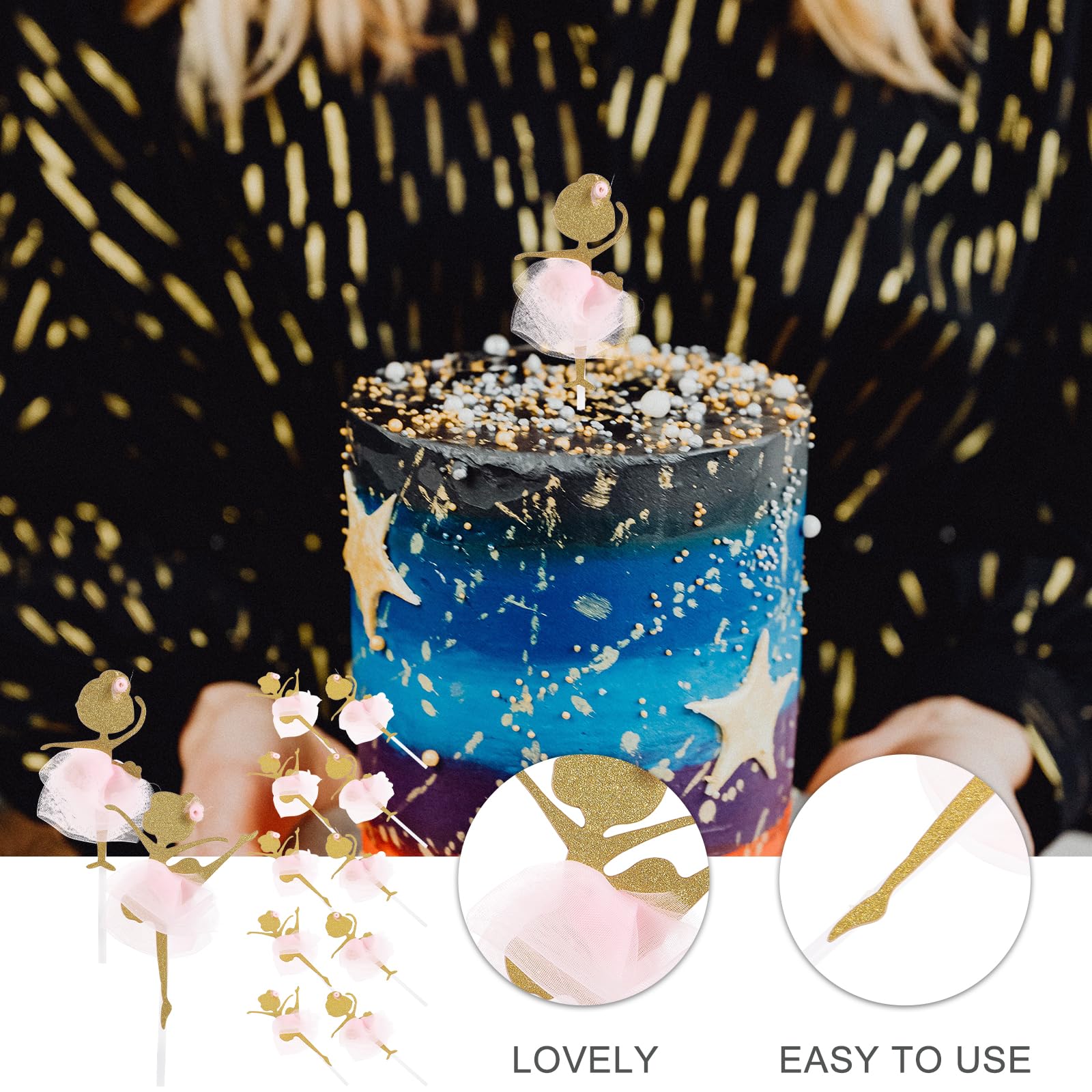 Bestoyard 12Pcs Gold Glitter Ballerina Dancing Girl Cupcake Toppers Picks For Wedding Bridal Shower Birthday Party Decoration